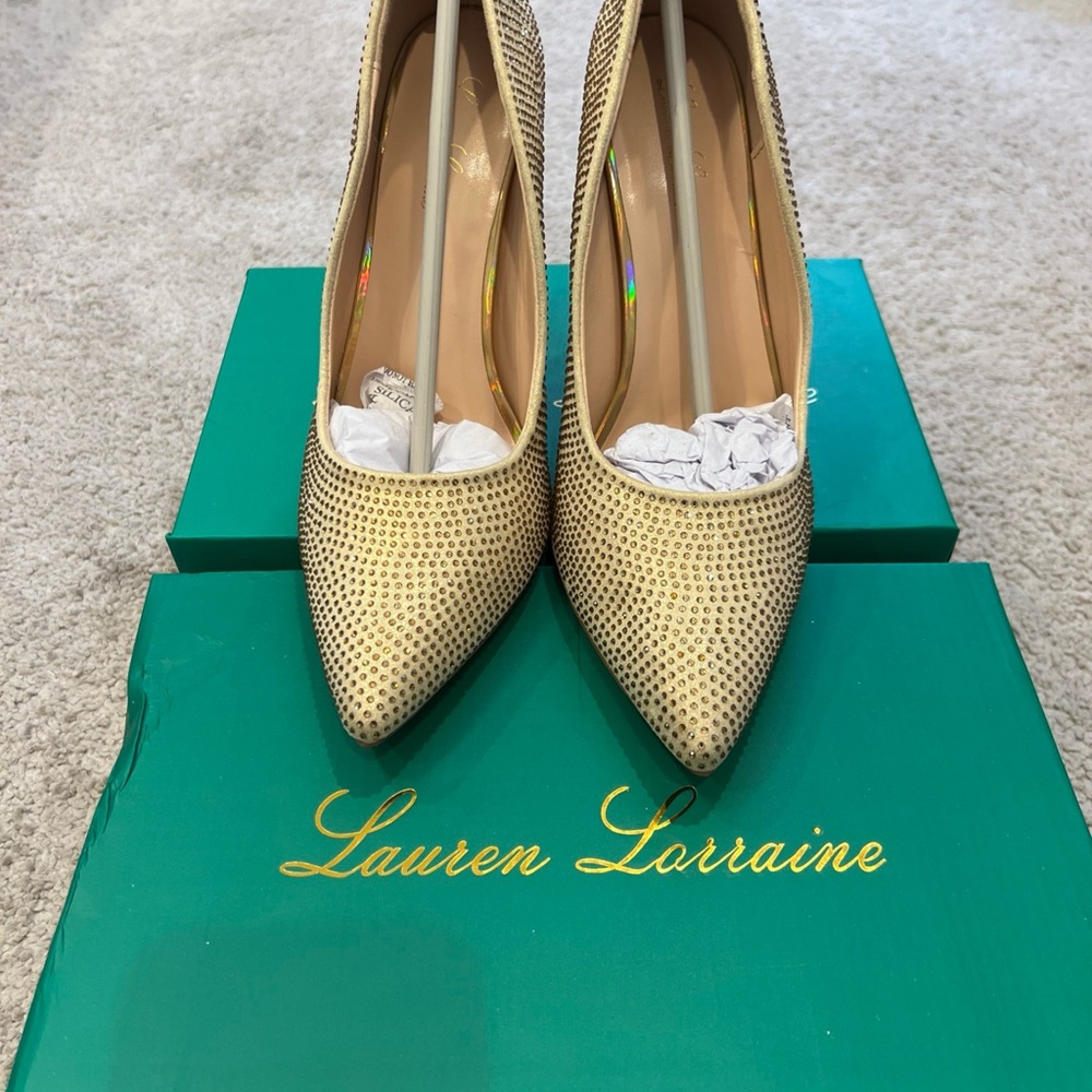 Lauren Lorraine Sparkling Gold Heels NIB Rhinestone Stilletos luxury item